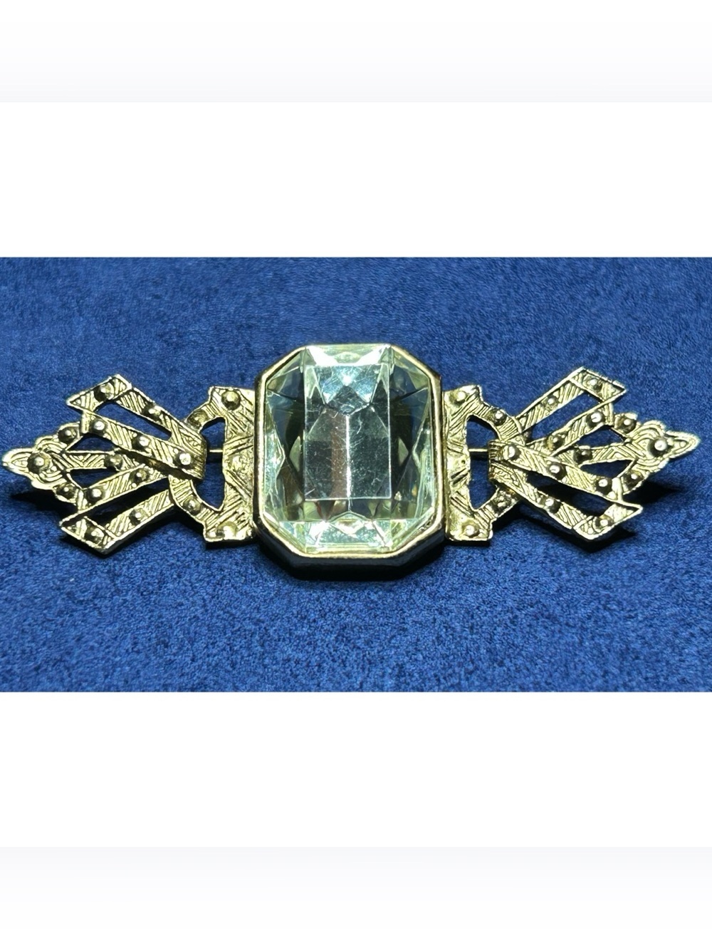 Vintage Art Deco Revival Brooch – Silver Tone Emerald Cut Crystal Pin